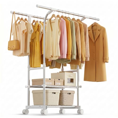 Heavy-Duty Double Rod Rolling Clothes Rack with Shelves - Adjustable, 155 lbs Capacity