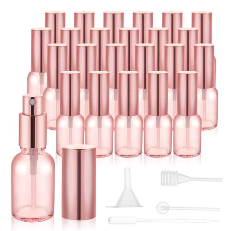 24 pack 10ml Pink Glass Spray Bottles Refillable Empty Perfume Pump Sprayer Mini Fine Mist Atomizer with Rose Gold Lid for Body Essential Oils