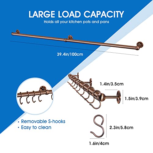 39.4 Inch Stainless Steel Wall Mount Pot and Pan Rack with Adjustable S Hooks - Antique Copper