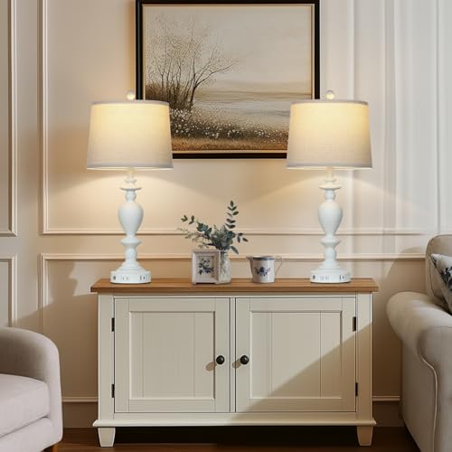 28-Inch White Farmhouse Table Lamps Set of 2 with USB-C & AC Outlet - Dimmable Touch, Vintage Rustic Living Room and Bedroom Lighting - Variation: White-1