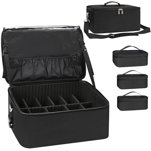 Large Makeup Bag Organizer with Adjustable Dividers - Black, Professional Cosmetic Storage Case