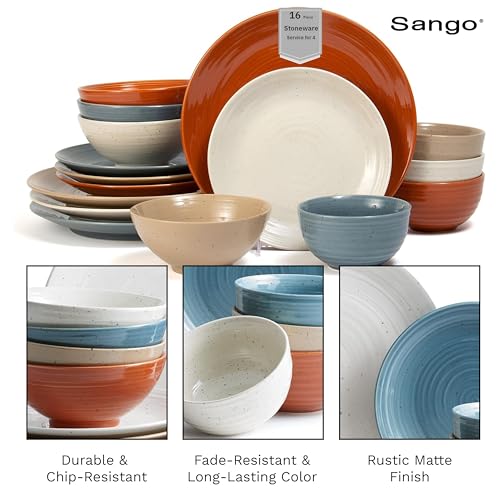 Sango Siterra Rustic Mix 16-Piece Stoneware Dinnerware Set for 4 - Chip-Resistant, Food Safe