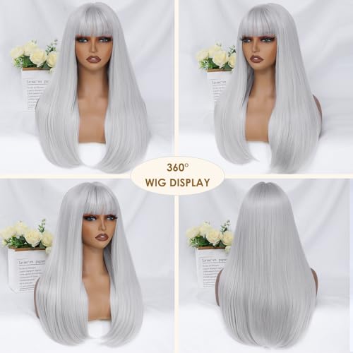 Gray White Wig with Bangs - 24 Inch Long Straight Synthetic Heat-Resistant Hair for Women - Variation: Gray White
