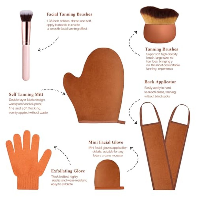 6pcs Self Tanning Mitt Applicator Kit Including Self Tanning Mitt and Brush, Body Brush, Back Applicator, Mini Facial Glove, Facial Tool, Exfoliating Glove(Brown)