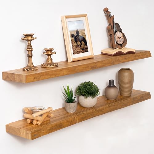 Natural Live Edge Wood Floating Shelves 36 Inch Wall Mounted 2 Pack