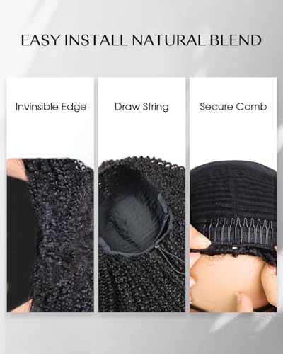 FACMOOD Kinky Curly Half Wig Human Hair 16 Inch 200% Density Glueless Headband Wig for Women - Beginner Friendly