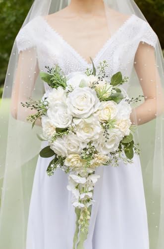 12 Inch Cascade Wedding Bouquet for Bride - Ivory & Champagne - Faux Silk Flowers