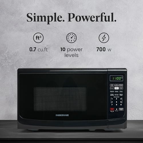 Farberware 0.7 Cu Ft Countertop Microwave Oven - 700W, Auto Cook, Defrost, Child Lock - Black