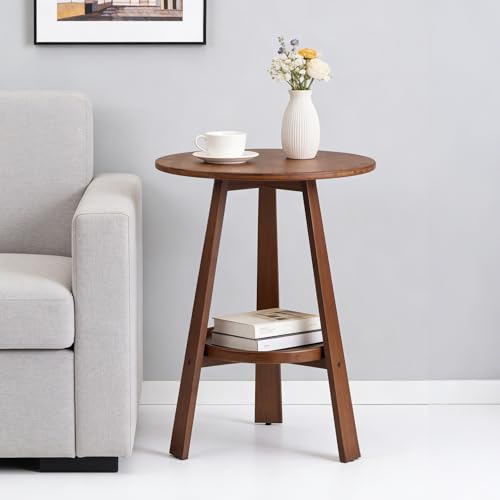 Brown 2-Tier Bamboo Round Side Table - Mid-Century Modern End Table
