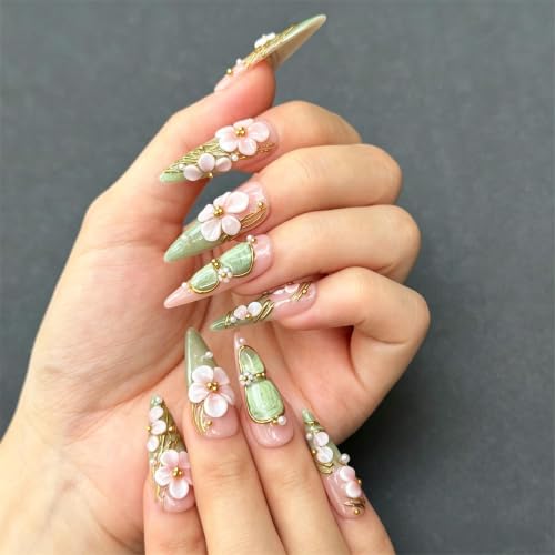 Pink Green Gradient Stiletto Press On Nails with Floral Gold Decor - Mint Nude Variation of THIS Listing