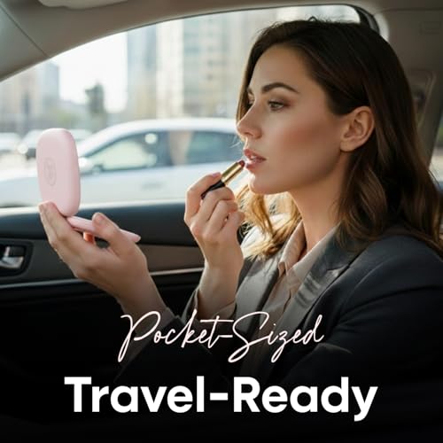 Pink 4-Inch LED Compact Travel Makeup Mirror with 1x & 10x Magnification & Adjustable Lighting