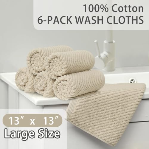 6 PC Cotton Washcloths Set - Tan Beige, Soft Quick-Dry Low Lint 13x13 Inches