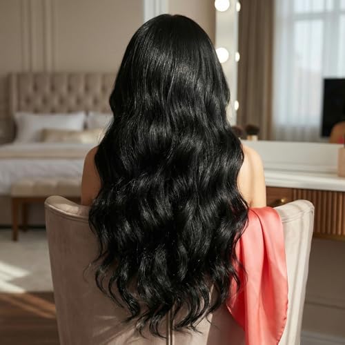 Black Body Wave Wig for Women - 26 Inch Long Synthetic Wig with Bangs - Natural Look - Variation: Black