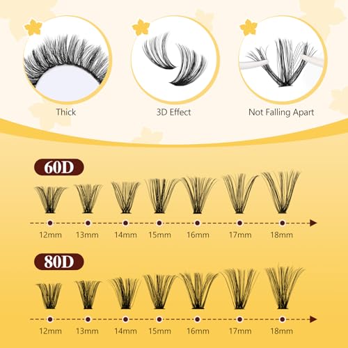 QUEWEL Lash Clusters Kit, 320Pcs 60D+80D Lash Cluster Eyelash Extensions Mix 12-18mm 3D Eyelash Clusters with Lash Bond and Seal and Lash Tweezers Easily Create 3D Lashes Clusters at Home(60+80D Kit)