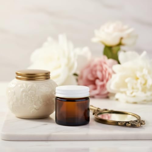 12 Pack Amber Glass Jars with White Metal Airtight Lids - 1.75 Inch