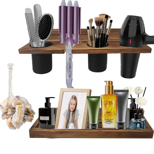 Wall-Mounted Hair Tool Organizer with Heat Resistance - Set of 2 Layer Rustic Blow Dryer Holder (Dark Brown)