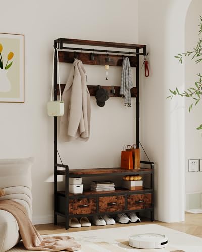 Hall Tree with Bench & Shoe Storage - 16 Hooks, 3 Drawers, Entryway Organizer