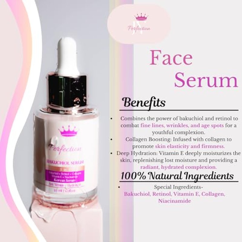 Face Serum,Anti-Aging Serum, Reduces Fine Line and Wrinkles, Hydrates Skin, Bakuchiol, Retinol, Collagen, Vitamin E, Niacinamide, For All Skin Types,100% Natural Vegan 30mL / 1 oz