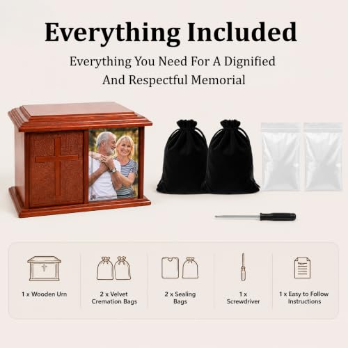 Double Companion Urn with Cross & Photo Frame - Holds Up to 400 Cubic Inches, Wooden Memorial for Husband & Wife - Variation: Cross