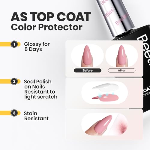 Beetles 2 in 1 Base & Top Coat Nail Polish, Clear Nail Polish Fast Drying & Natural Nail Strengthen, Glossy Effect for Nail DIY Salon at Home Gifts for Women