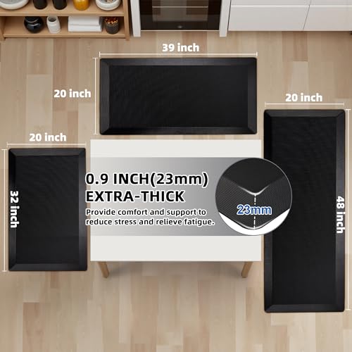 Extra Thick Anti-Fatigue Kitchen Mat Set - Black 20x32 + 20x48 Inches