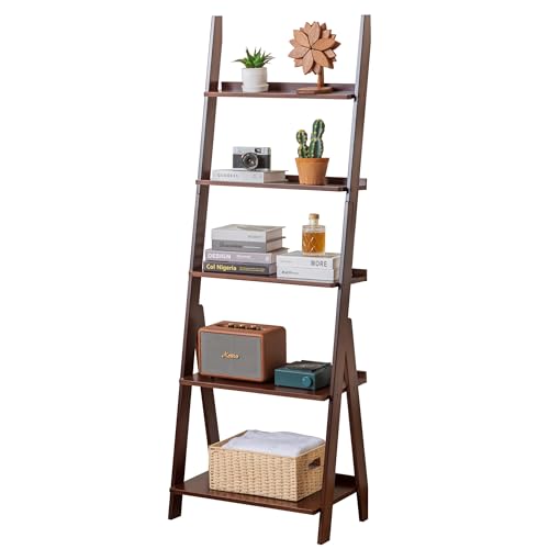 5-Tier Bamboo Ladder Shelf Bookcase - Walnut Finish, Free Standing Storage Organizer