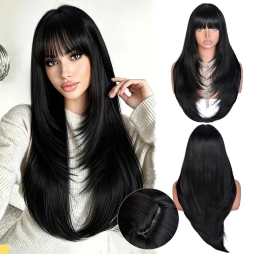 Black Layered Wig with Bangs for Women - 26 Inch Synthetic Long Hair, Realistic Scalp, Glueless & Heat-Resistant, Lightweight & Trendy - Cmorry