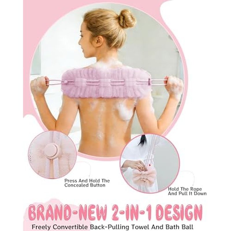 2Pcs Exfoliating Body Scrubber, Bath Ball Pulling The Back Strip 2 in 1, Back Scrubber for Shower Bath, Stretchable Drawstring Back Strip Bath Ball, Exfoliating Washcloth Towel for Men Women
