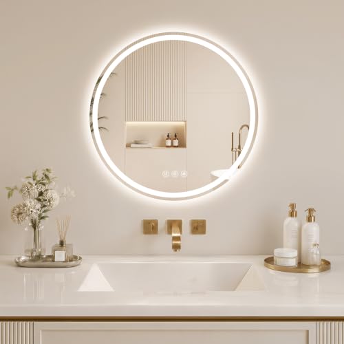 20 Inch Round Frameless LED Bathroom Mirror with Lights & Anti-Fog - Dimmable 3 Color Temp