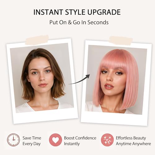 Pink Short Straight Synthetic Wig with Bangs - 14 Inch Bob Hair for Women, Cosplay & Daily Wear - Usweety