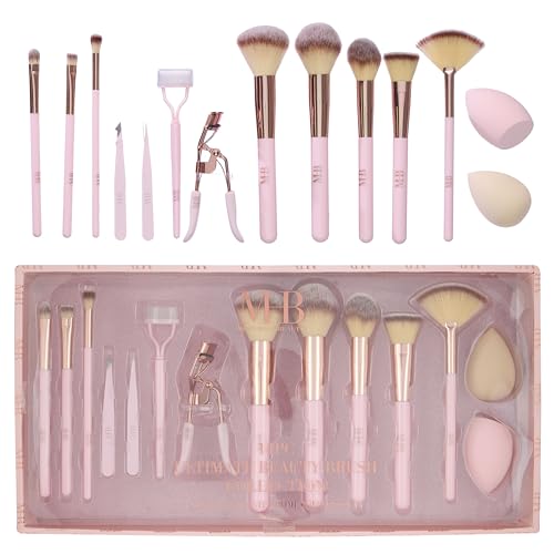 14-Piece Rose Gold Makeup Brush Set with Eyelash Curler & Tweezers