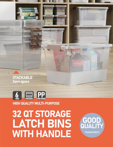 32 Qt Plastic Storage Bin with Lids & Buckles - 6 Pack, Stackable & Clear