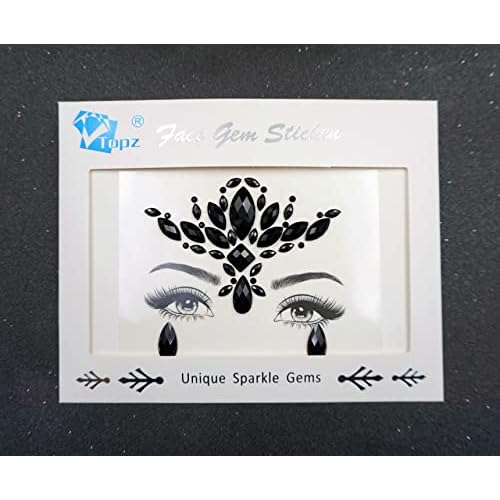 Topz Black Flower Face Jewels for Halloween Costume Makeup - Cat Women Mermaid Day of the Dead Gems Stick-on Tattoos Fairy Accessories (Black-S095)