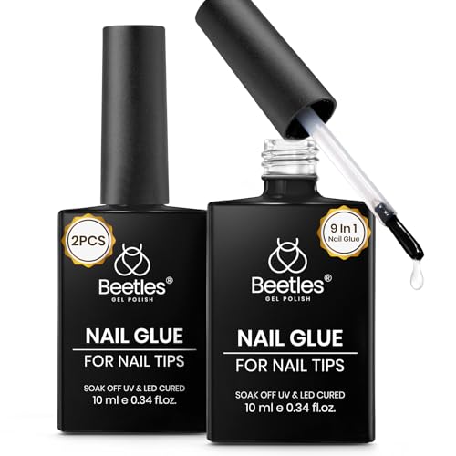 Beetles 9 in 1 Gel Nail Glue, 2pcs 10ml UV Nail Glue for Clear Nail Tips Acrylic Nails, Super Strong for False Nails, Base Coat, Rhinestones, Blooming Gel, Long Lasting 28+ Days, U V Light Required