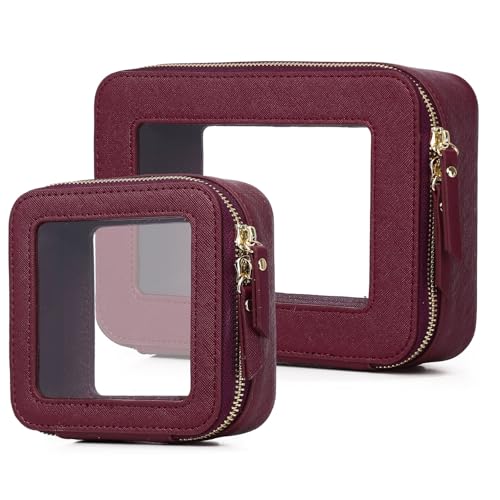 Pinkmik Clear Makeup Bag Waterproof Travel Case for Cosmetics and Toiletries Women's Purse Organizer and Clear Car Bag with Zipper (X/Burgundy, M+MINI)