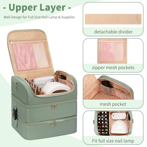 Extra Large Nail Polish Organizer Holds 117 Bottles - Three Layer Nail Organizers And Storage Bag, Portable Nail Supplies Organizer Case, Nail Tech Kit Travel Carrying Box with Shoulder Strap
