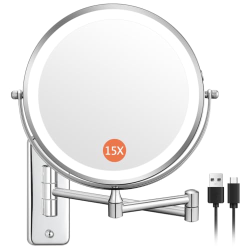Rechargeable 8 Inch Makeup Mirror with 3 Lights - Silver LED, 1X/15X Magnification