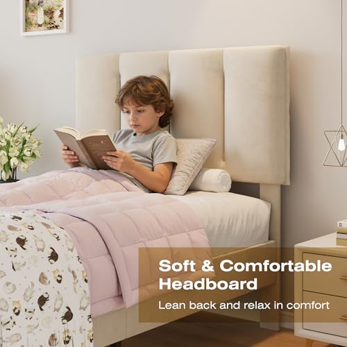 Twin Size Bed Frame with Upholstered Headboard - Pale Beige, Platform Design, Noise-Reducing, Easy Assembly