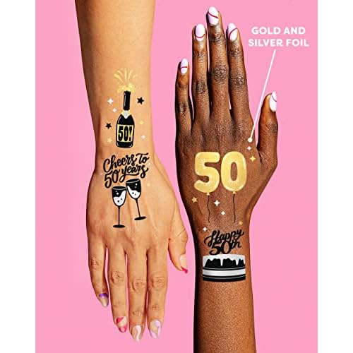 xo, Fetti 50th Birthday Party Decorations 50 and Fabulous Temporary Tattoos - 38 styles | Gold + Silver Foil Fifty Birthday Gift, Birthday Girl