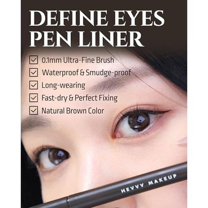 HEVVYMAKEUP Define Eyes Pen Liner Mid Brown - Precision Waterproof Matte Brown Eyeliner with Ultra-Fine Fiber Brush - Long Lasting Smudge Resistant - Korean Eye Makeup, 0.02 oz.