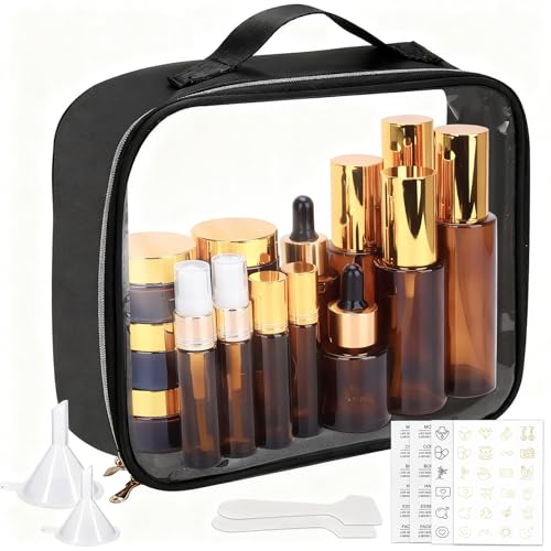 26 Pack TSA Approved Glass Travel Skincare Containers, 2/1.7/1.35/0.7/0.5/0.3oz Refillable Traveling Size Containers with Pump, Jars & Essential Oil Bottle, Leak-Proof for Creams & Liquids