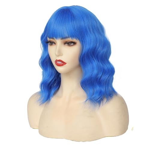 Light Blue Short Bob Wig with Bangs for Women - Wavy Synthetic Cosplay Hair
