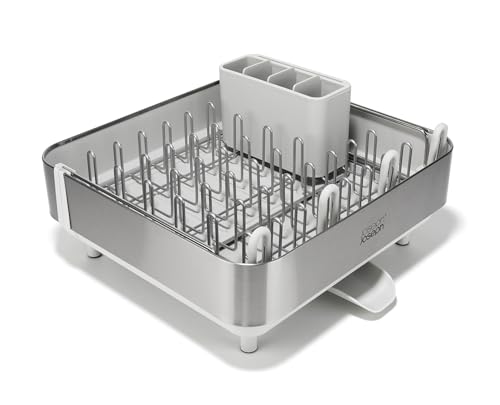 Joseph Joseph Steel Plus Extendable Dish Rack - Small to Large with Wine Glass Holder & Drain Spout - Light Stone Variation