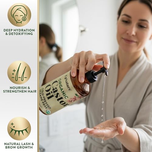 UpNature Organic Castor Oil 16oz - Cold Pressed, Hexane-Free, Glass Bottle & Pump Dispenser