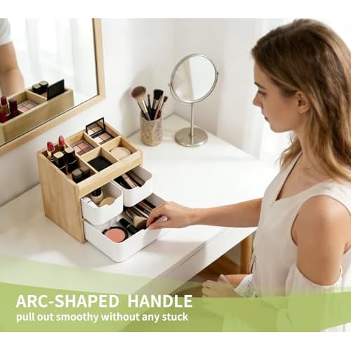 Bamboo Vanity Organizers with 3 Drawer, Mini Desk Organizer for Home, 3-tier Study/Office Organizer Rack, Adjustable 5 Compartment Makeup Display Case, Dresser Storage for Lipstick, Jewelry, Nail Care