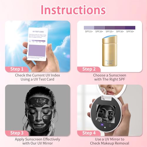 DESCHEN Rechargeable Travel Compact Smart UV Camera UV Mirror for Sunscreen Test, 2X Makeup Mirror with Lights and Magnification, 3.7 Inch Portable Purse Pocket LED, Skin Sun Protection