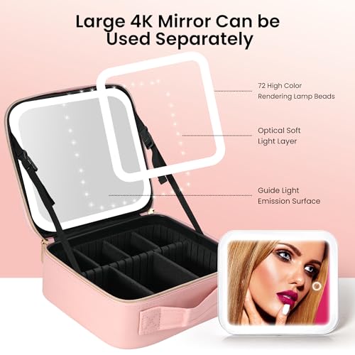 Travel Makeup Bag with Mirror Cosmetic Bag Makeup Artist Bag, 3 Color Scenarios Adjustable Brightness, Makeup Train Case Cosmetic Storage Gift for Daughter Wife Friend Pink