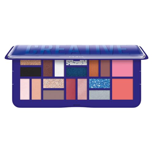 Pupa Milano Make-Up Palette L, 005 Blue, 0.71 oz - 18 Pan Eyeshadow and Blush Palette, Matte, Shimmer, Metallic Finishes - Blendable Velvety Texture Blush Powder - Talc-Free - Eco-Friendly Packaging