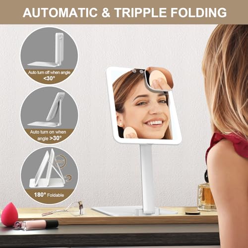 Mocado Foldable Travel Lighted Makeup Mirror with 3 Light Modes, 8" x 6" White