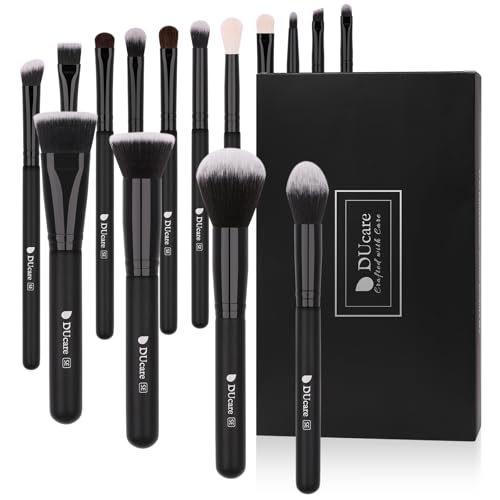 DUcare Makeup Brushes 15Pcs Premium Synthetic Kabuki Makeup Brush Set, Professional Foundation Concealers Powder Blush Blending Face Eye Shadows Black Brush Sets